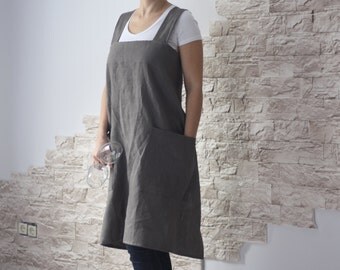 Linen Woman Apron, Japan Apron, Man Apron, Linen Apron, Pinafore Apron, Apron for Woman, Apron for Man, No-ties Apron, Square Cross Apron,