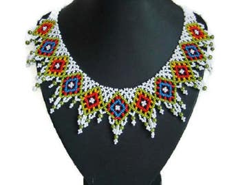 White geometric necklace Boho jewelry American tribal necklace African jewelry Navajo jewelry Bohemian Indian necklace Gift for women