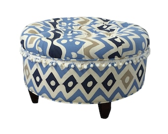 Upholstered Ottoman, Alan Campbell, Cap Ferrat, Quadrille Fabric, Blue Ottoman, Upholstered Stool, Tufted Ottoman