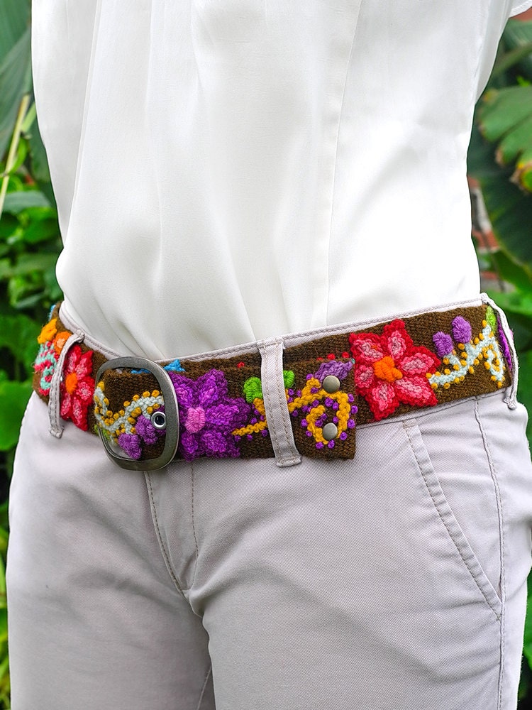 Hand embroidered belt floral colorful Brown floral ethnic