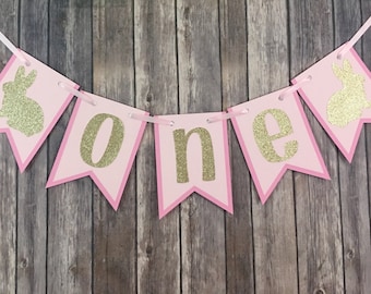 Glitter Bunny One High Chair Banner, High Chair Banner, First Birthday, Photo Prop, Easter Birthday