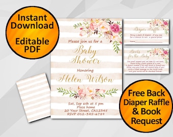 SALE 60% OFF-Instant Download Baby Shower Invitation Watercolor Peach stripe Editable free diaper raffle free book request free back X302ps1