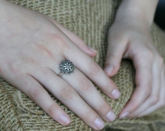 Handcrafted Daisy Spring Ring. Marcasite Stone inlaid in Sterling Silver. Gift for her.