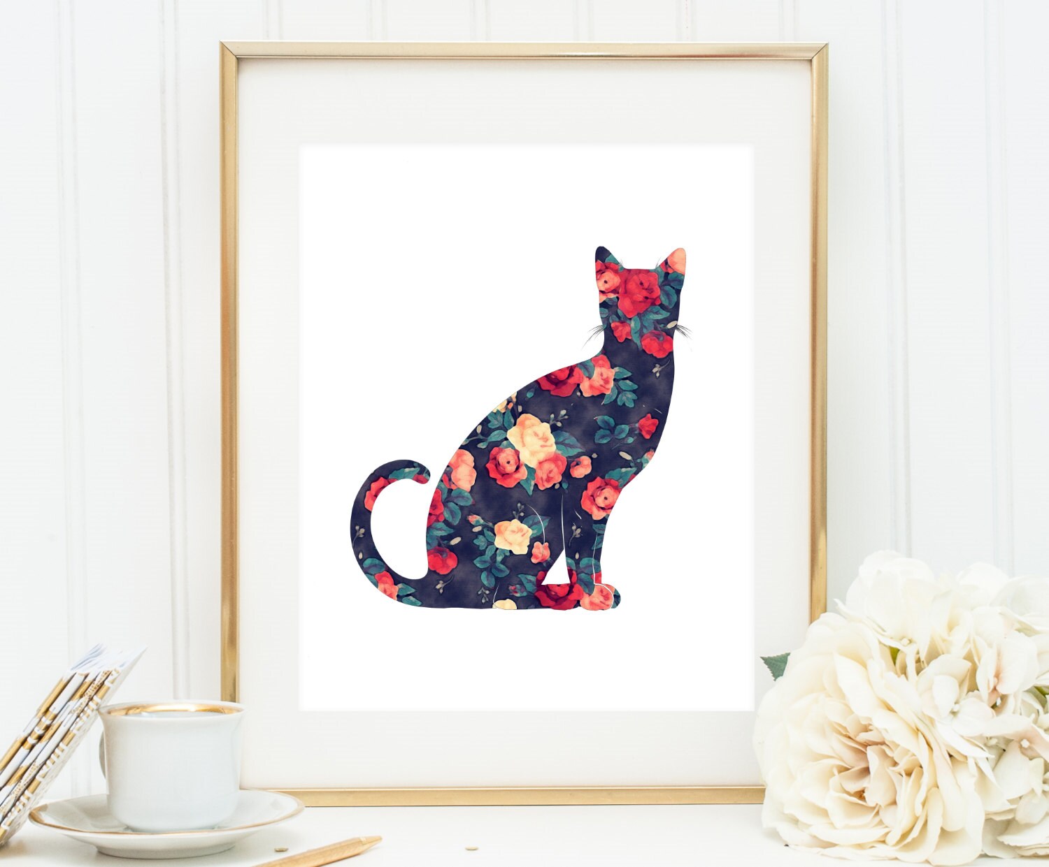 Floral Cat Art Digital Cat Print Printable Kitty Printable 9855