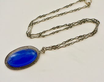 Art Deco Cobalt Blue Glass Oval Stone Necklace, Silver, Filigree, 1920s Pendant Necklace