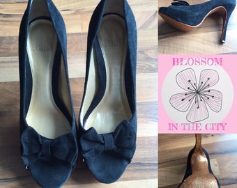 Black Bow Peep Toe Glitter Soled Shoes
