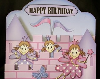 Girl's Fairy Princess Castle Birthday Card-Handmade-3D-Pink and Purple Fairies-Princesses-Castle-Fairy,Little Girl-Magic-Fairytale-Wishes