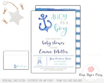 Nautical Baby Shower Invitation Set | Custom Printable Invitation | Ahoy It's a Boy | Anchor Baby Shower | Thank You Card