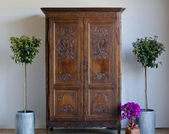 French Antique 18C Knockdown Cherrywood Carved Double Wardrobe Armoire Cupboard