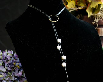 Pearl Cluster hanging leather necklace