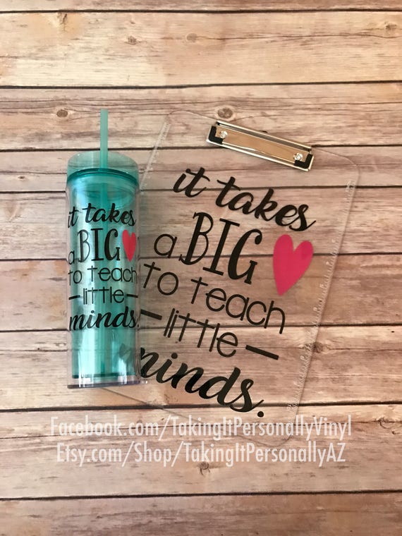 Personalized Teacher "It Takes Heart" tumbler and clipboard SET
