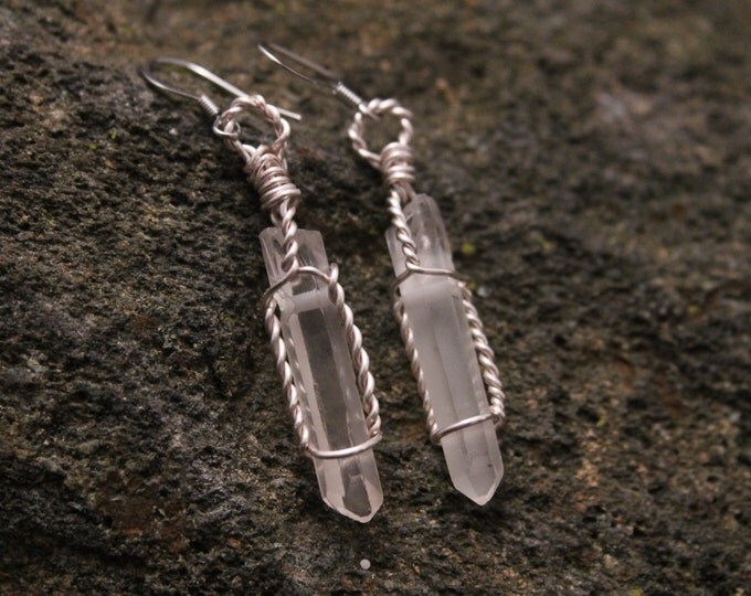 Quartz Crystal Tip Earrings with Silver Wire Wrap Stainless Steel French Hook, Skinny Dangle Earrings, Crystal Jewelry, Gift for Her