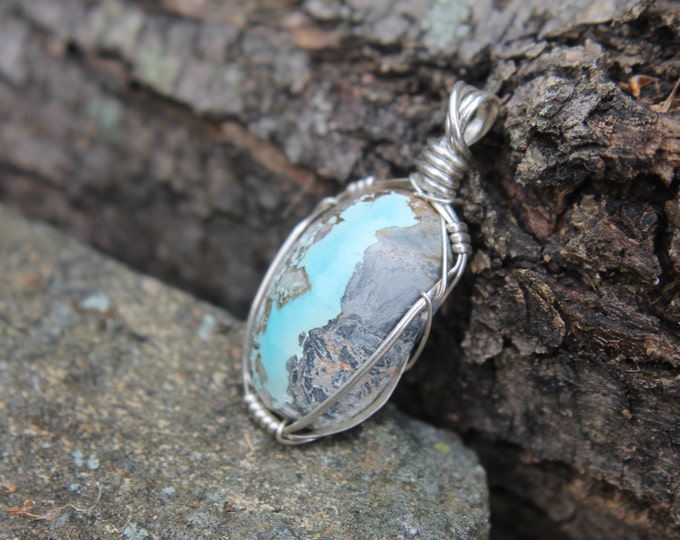 Hand Cut and Polished Turquoise Cabochon with Sterling Silver Wire Wrap; Natural Stone Wire Wrapped Jewelry, Earthy BoHo Hippie Necklace,