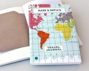 Travel Journal-Personalised Notebook-World Map-Gift For Student-Travel Journal With Pockets-Recycled Paper Notebook-Honeymoon Gift