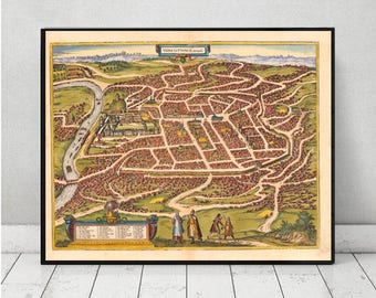 Old city map of Vilnius - Vilna - Wilno on linen Lithuania 23 x 31 inch.Metropolis Poland map decor. lithuanian art. retro map. vintage map.