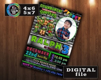 NINJA TURTLES Birthday Invitation, CUSTOM Digital File, Any age, With Photo