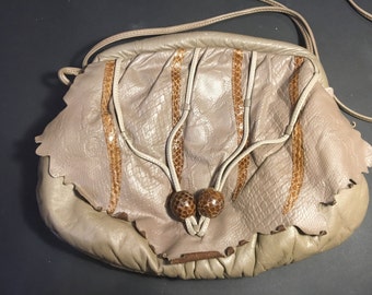 1980's purse clutch leather snakeskin tan
