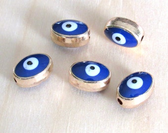 Evil eye beads, set of 5, gold evil eye, oval eye beads, blue eye beads, Jewelry findings, US seller, Jewelry supplies, bracelet charms