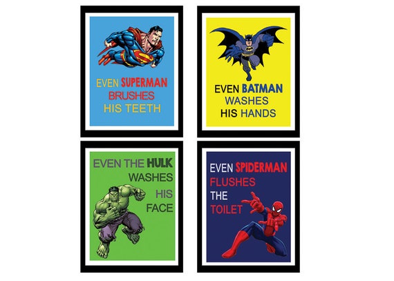 Superhero Bathroom Wall Art Spiderman Superman Hulk Batman