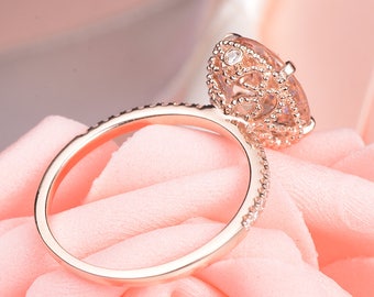 Morganite Engagement Rings Rose Gold Bridal Jewelry Set Oval Cut Art Deco Diamond Half Eternity Band Unique Anniversary Gifts For Women Her