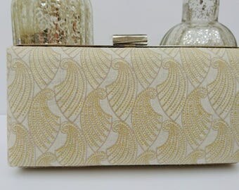 Bridal clutch, wedding clutch, art deco clutch, minaudiere clamshell style clutch, metallic fabric clutch