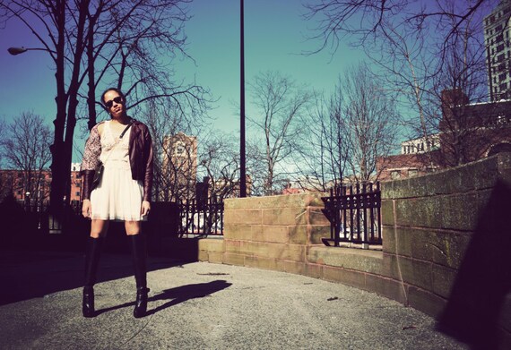 Leather Jacket, White Dress, Black Boots, Purse, Female,Portrait,Contemporary Art, Photograph,Fine Art Photography,Color Portrait,Stone Wall