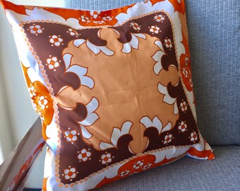 Vintage Orange and Brown Throw Pillow Old Scarf 45x45cm 18x18inch Cushion Cover