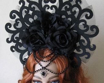 Head dress "Black Medusa" fantasy Gothic WGT headdress black tulle roses