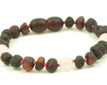 Amber Teething Anklet / Bracelet for Baby / Child , 14cm(5.5 inches), Hand-Made, Raw Cherry and Quartz Beads, Knotted, S00136Q