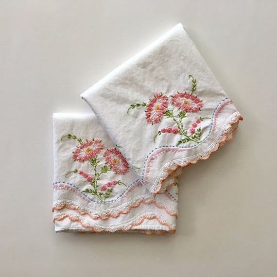 Vintage Embroidered Pillowcase Set 1960s Handmade Peach