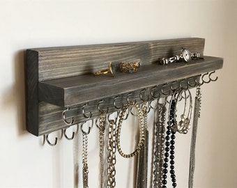 Jewelry Organizer Holder, Necklace Organizer, Wall Mounted Rustic Wood in Gray, Holds Necklaces Bracelets