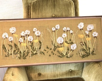 Framed 31 x 13 Dandelion Crewel White / Yellow / olive green Crewel Flowers