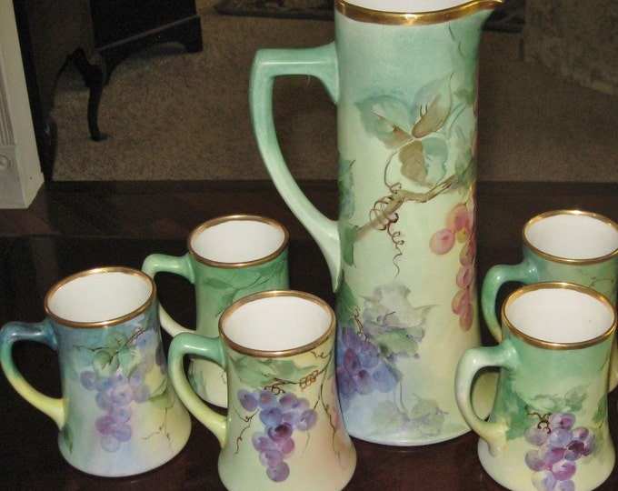 Antique Pouyat & Guerin Limoges hand painted 6 piece tankard set made c. 1910s