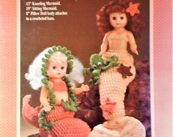 1989 Fibre Craft FCM 204 Coral Mermaids Crochet Pattern for 13" kneeling mermaid or 19" sitting mermaid or 8" pillow doll