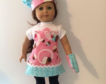 18 Inch Doll Clothes Cupcake Apron Set 3 Pieces Apron Quilted Mitt and Hat Also Fits American Girl Doll Clothes