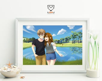 Custom portrait digital drawing, Japanese manga anime style couple portrait illustration