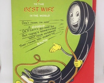 vintage 1950s Birthday card from husband to wife telephone betty page bangs anthropomorphic phone best wife - used greeting card