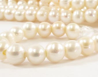 8 - 8.5 mm Half Strand AAA High Luster Semi Round/Potato White Freshwater Pearls Beads 2.1mm Hole, Large Hole Pearl Beads (170-LHPW0885)