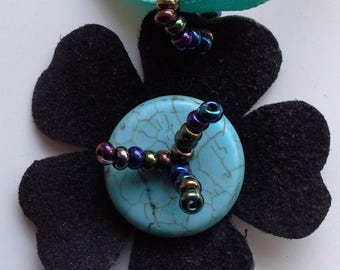 Black suede and turquoise flower necklace