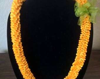 Hawaiian lei w/ ilima orange yellow gold green satin ribbon
