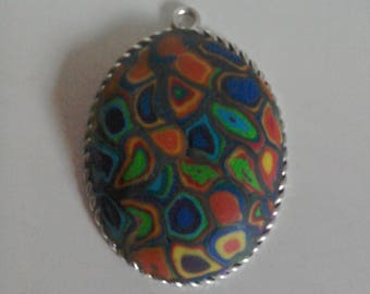 Vintage style pendant 'pincushion shape' with rainbow polymer clay 'canes'
