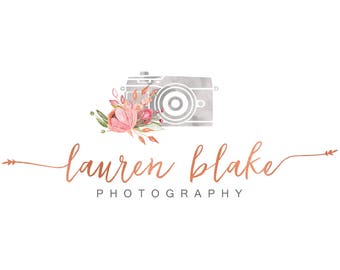 Watercolor logo design, photography logo, rose gold foil logo, floral logo design, watercolor flowers, branding template, photo camera