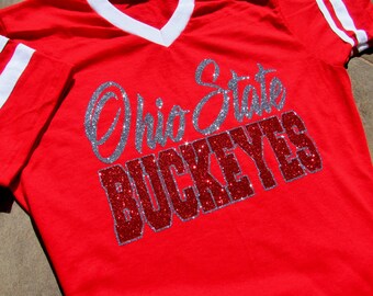 Ohio State University Buckeye Long or Short Sleeve Jersey with White Contrasting V-Neck and Sleeve Stripes and Glitzy Silver & Red Glitter