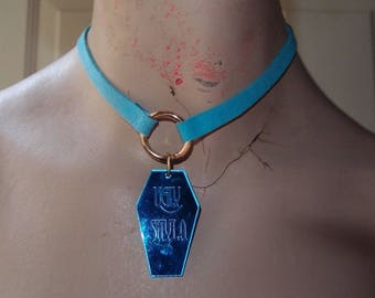 Faux Suede Pastel Blue Brass O Ring Choker With Coffin Charm by Ugly Shyla - Vegan Leather Suede - Pastel Goth - Gothic Jewelry - Necklace