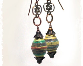 Everyday earrings for women, Bohemian tribal earrings, Boho earrings for her, Modern tribal earrings, Paper bead earrings, Hippie earrings