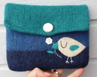 Felted bag pouch purse bag hand knit needle felted blue turquoise wool needle felted birdie bird flower