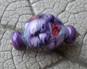 Purple Pink Blue Encased Floral Focal Lampwork Beads by Cherie Sra R114 Encased Floral Focal Puprle Violet Pink Floral encased bead