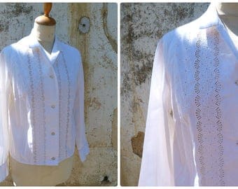 Vintage 1950/50s white cotton eyelet mid century long sleeves blouse size S/M