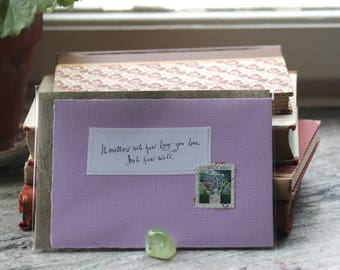 It matters not how long you live but how well Lilac card with handwritten quote and Swedish postal stamp