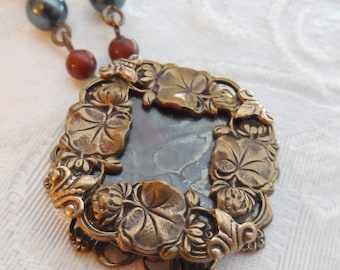 Water Lilies, Antique Mother of Pearl Button Necklace, Autumn Jasper